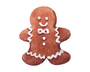 Christmas Gingerbread Man Cookie, Hand drawn Watercolor texture Vector Illustration isolated on white background