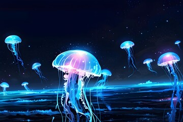 Dream in deep water. Bioluminescent jellyfish illuminate the abyss. Ethereal and mysterious. Illustration vector. Generative AI