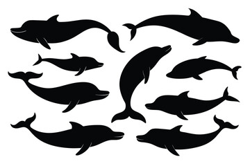 set of Baleen whale black silhouette vector on white background