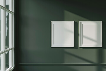 a mock-up of two empty posters in white frames on a dark green wall.