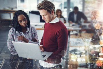 Business people, laptop and research with overlay at office for corporate infrastructure, design or development. Interracial businessman and woman working together on computer in double exposure