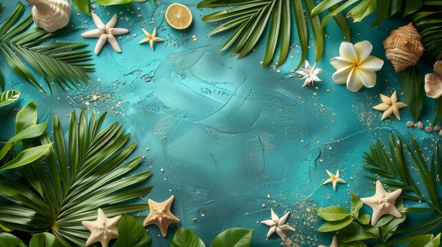 Tropical Beach Vibes: Starfish, Seashells, and Green Palm Leaves on Turquoise Sand Background with Ample Copy Space