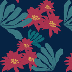 Seamless pattern with leaves and red flowers