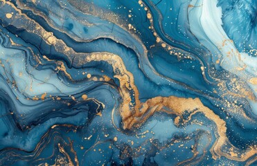 Abstract Blue and Gold marble background, blue watercolour, swirls of white, swirling golden glitter