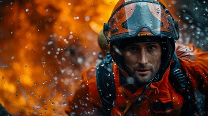 Determined firefighter in orange suit with water spray and fire