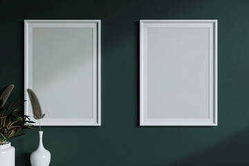 a mock-up of two empty posters in white frames on a dark green wall.