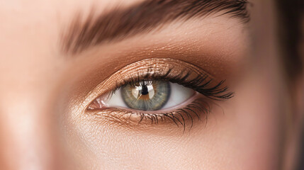 Close-up of a green eye with beautifully applied gold and brown eyeshadow, showcasing detailed makeup and natural beauty.