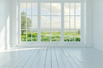 A peaceful empty room with a view of a serene field. Suitable for interior design concepts