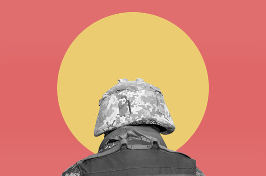 Collage with a head of a soldier in protective helmet