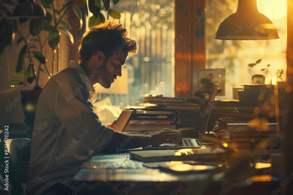 Poster a man sitting at a desk using a laptop. suitable for technology concepts