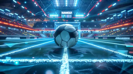 A closeup of a football in the center of a futuristic indoor soccer field