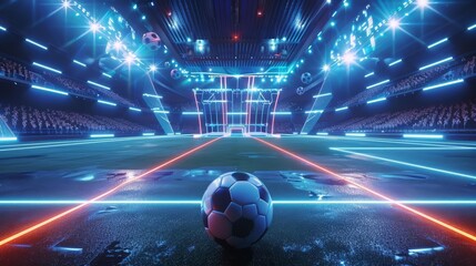 A closeup of a football in the center of a futuristic indoor soccer field