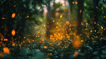 A magical forest filled with glowing yellow fireflies. Ideal for nature and fantasy themes