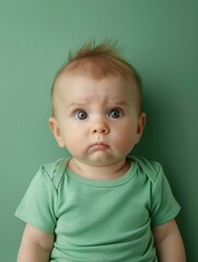 The baby, intrigued by the scene, stands alone against a solid pastel green backdrop