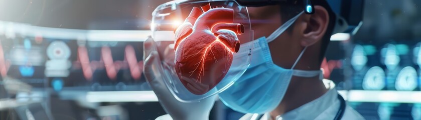 A closeup of a holographic heart projected in midair by a doctor wearing augmented reality glasses