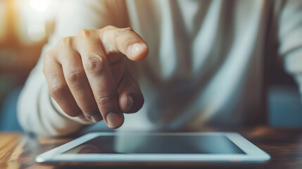 man using his tablet with one finger pointing in the air - virtual reality concept