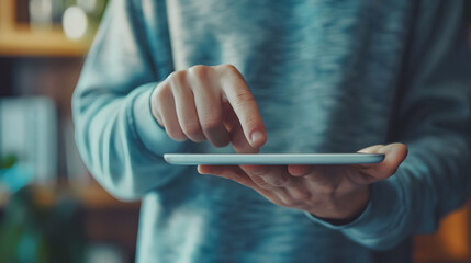 man using his tablet touching the screen with fingers, digital work concept