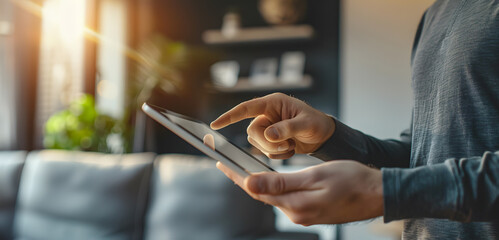 man using his tablet touching the screen with fingers, digital work concept