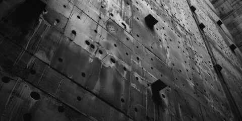 A black and white photo of a wall with holes. Suitable for background or texture use
