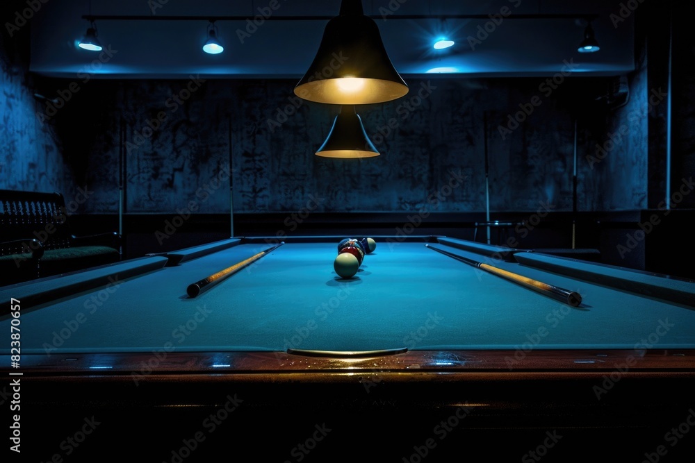 Poster a pool table with a single pool ball, suitable for sports and recreational concepts
