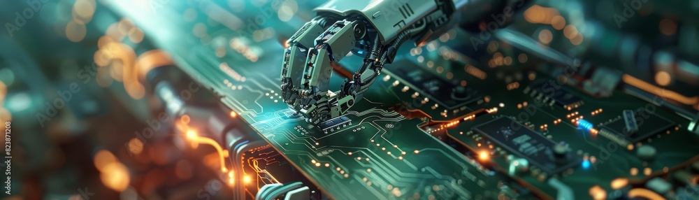 Poster a closeup of a robotic arm assembling intricate circuit boards with precision