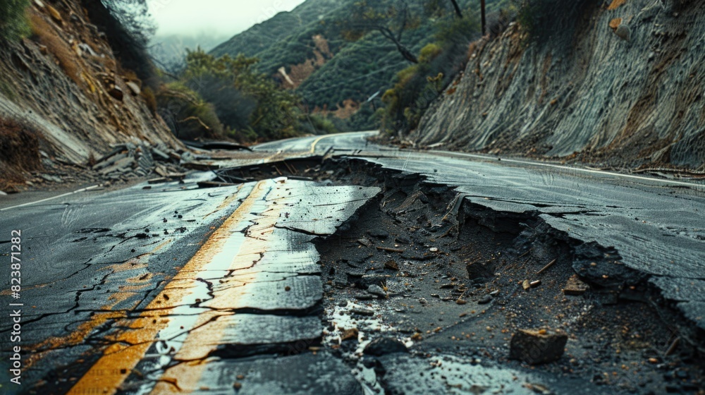 Poster a road with a visible crack in the middle, suitable for infrastructure or maintenance concepts