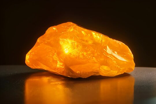 Amber Crystal Isolated, Jewelry Sun Stone, Glittering Golden Amber Pebble on Black Background, Generative AI Illustration