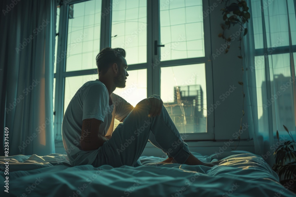 Poster a man sitting on a bed in front of a window. suitable for home decor