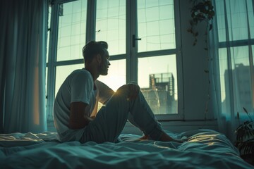 A man sitting on a bed in front of a window. Suitable for home decor