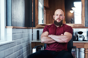 Barber, crossed arms and portrait of man for hair grooming, wellness and beard service....