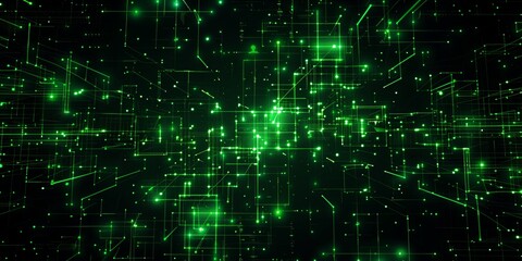 Abstract background with glowing green squares and lines on a dark backdrop