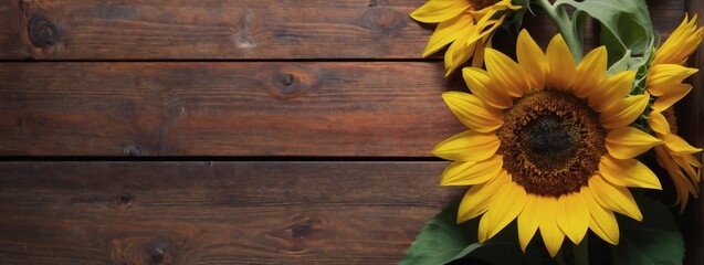 Vibrant sunflowers arranged on a wooden backdrop