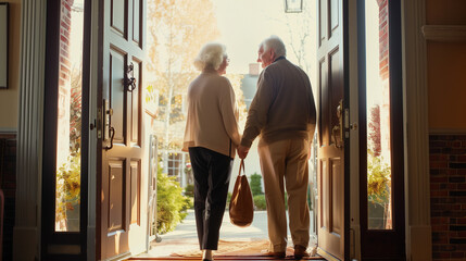 Elderly Couple Exiting Front Door