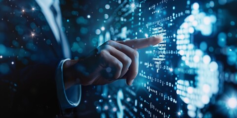 Businessman touching a dollar sign icon with his finger, representing financial technology.