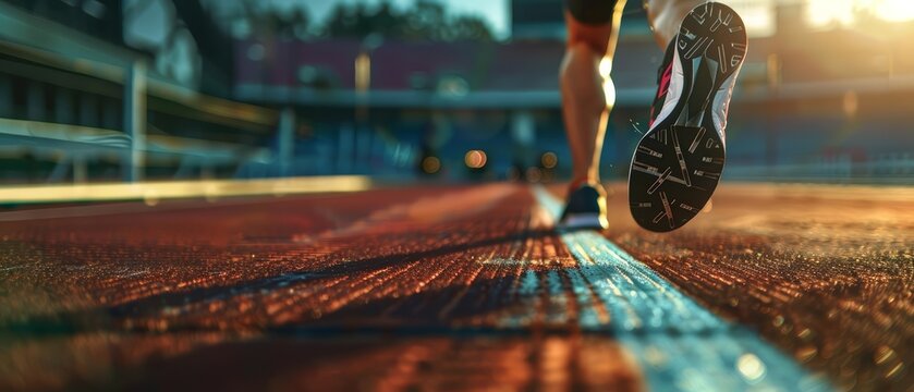 A closeup of a woman sprinter taking off from starting block on running track