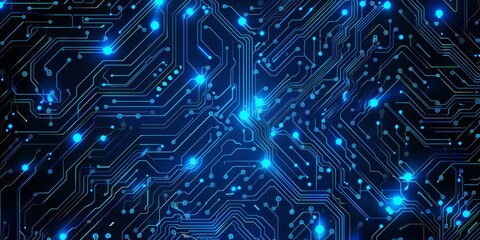 Abstract blue circuit board pattern on a dark background.