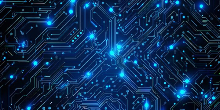 Abstract blue circuit board pattern on a dark background.