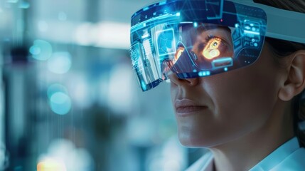 A closeup of an optometrist using an augmented reality headset to examine a patients eyes