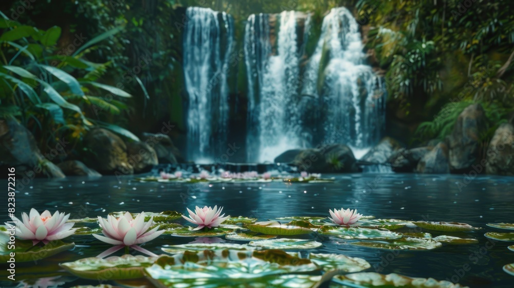Poster a beautiful waterfall in the background with water lilies in the foreground. perfect for nature and 