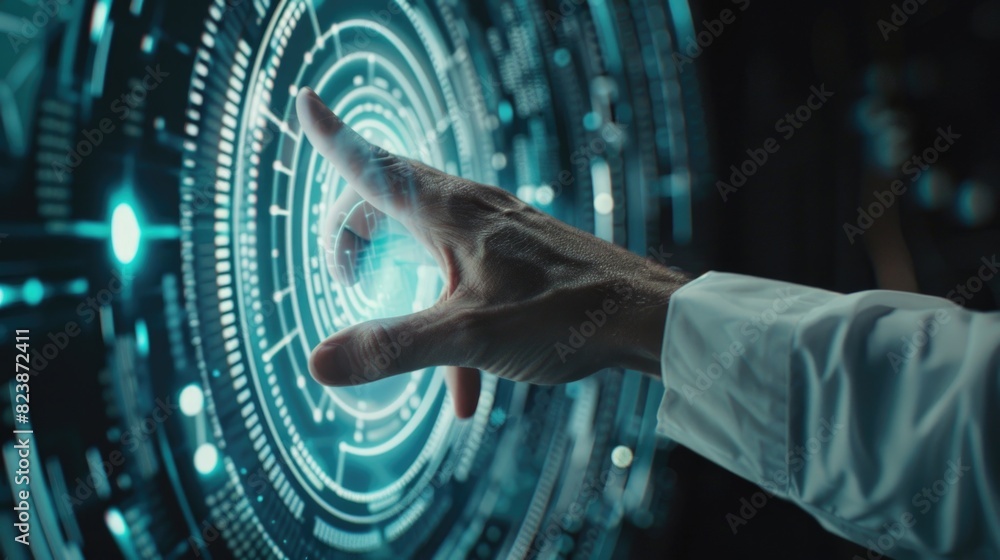 Poster a person's hand pointing at a digital screen. ideal for technology concepts