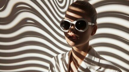 portrait of a model with sunglasses, Innovative Optical Illusion Portrait: A Blend of Human and Hypnotic Patterns. Generative AI