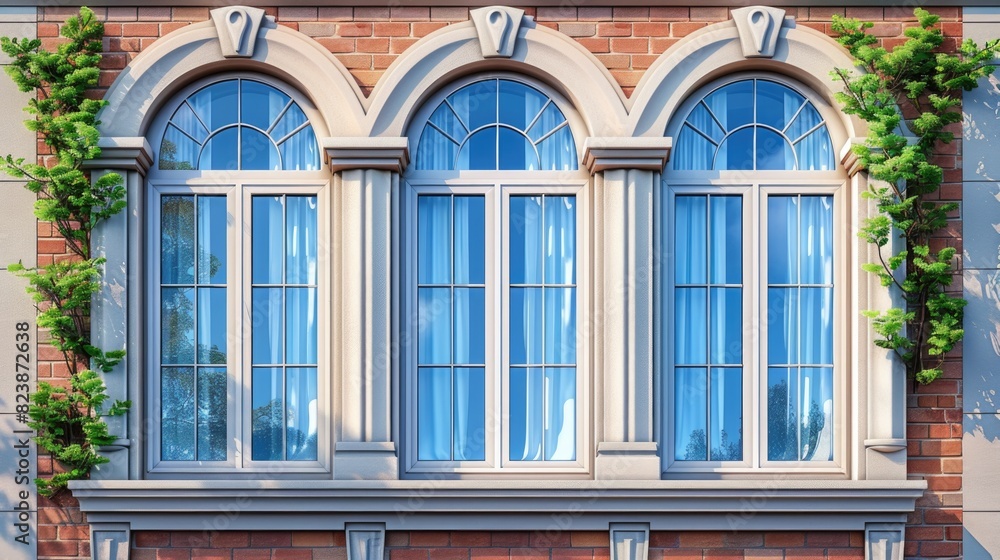 Poster brick building with three arched windows, suitable for architectural projects