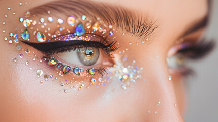 Close-up of an eye adorned with sparkly rhinestones and creative makeup, capturing the essence of artistic expression and beauty.