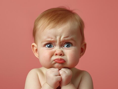 A baby making a goofy face isolated on a solid pastel pink background