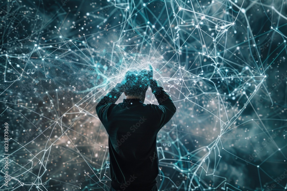 Aufkleber A man standing in front of a wall of connected lines. Ideal for technology or communication concepts