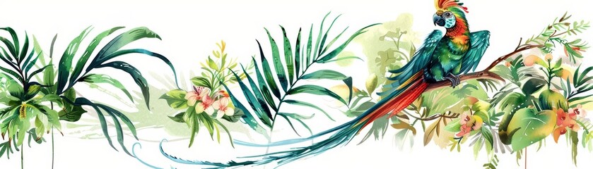 Obraz premium A kawaii water color of a quetzal, flying gracefully, with its long tail feathers trailing in a lush, tropical forest, Clipart isolated on white