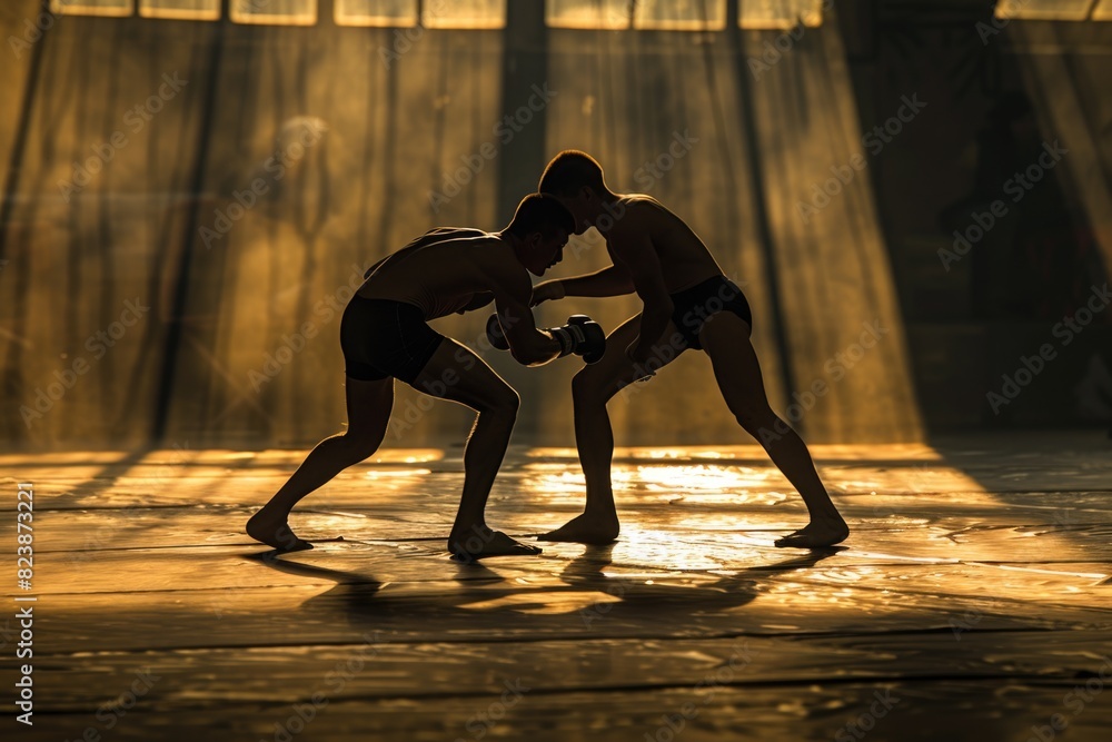 Poster two men standing together in a room. suitable for business or teamwork concepts