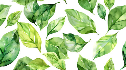  Seamless watercolor pattern featuring vibrant green leaves on a white background. Ideal for backgrounds, wallpapers, textiles, and artistic designs.