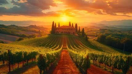 Stunning sunset over a vineyard in Tuscany, Italy with vibrant colors and beautiful landscape, perfect for travel and nature photography. - Powered by Adobe