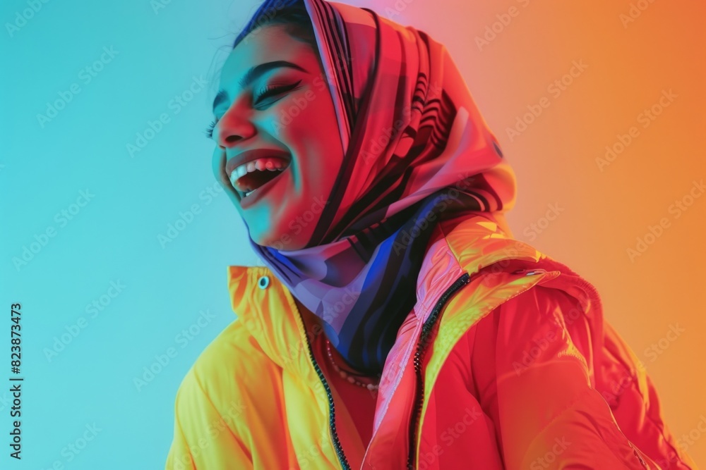 Poster A woman wearing a yellow jacket and a scarf, suitable for fashion and outdoor activities